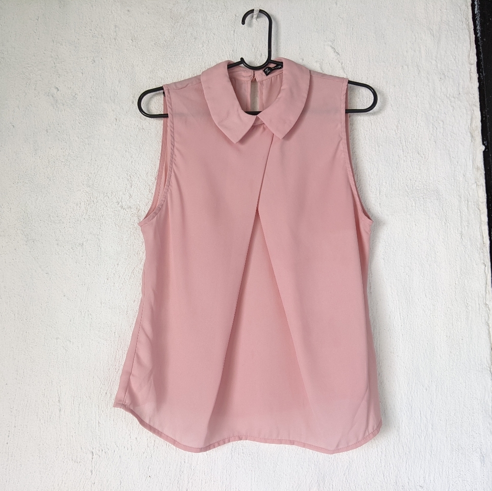 shein pink sleeveless collared blouse